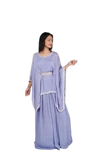 Women Kaftan Dress with Designer Skirt 2 Piece Set | Traditional Stunning Chinon Silk Purple Dress Braided Waist Belt